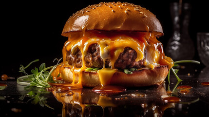 Mouthwatering Veggie Burger: Gourmet Delight with Overflowing Cheese and Onions