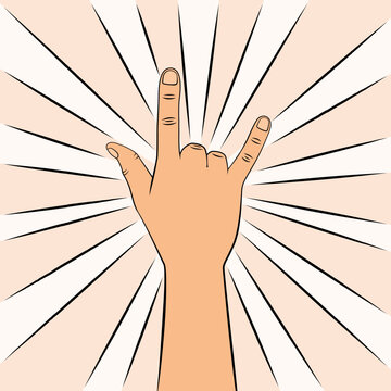 Back Of Rock And Roll Hand Sign. Goat Gesture In Cartoon Style. Vector Hand Drawn Illustration With Contour.