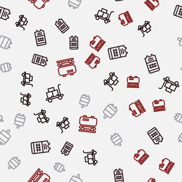 Set line Trolley suitcase, Train ticket, Suitcase and Oil railway cistern on seamless pattern. Vector