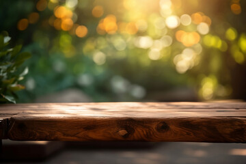 empty wooden surface in summer garden in soft sunlight