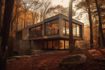 modern dark house in autumn forest