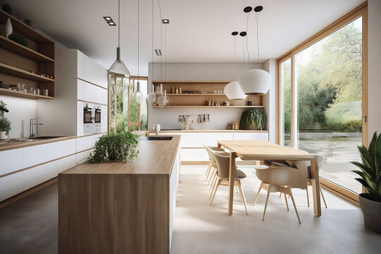 minimalist desing kitchen interior with garden outside
