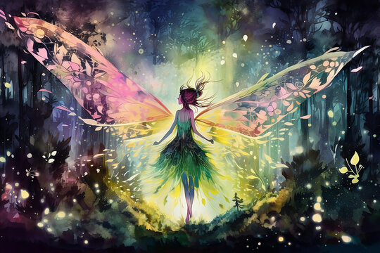 colorful fantasy landscape with fairy with giant wings