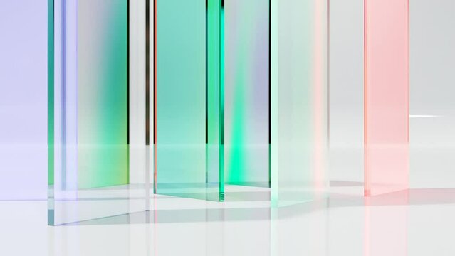 colorful translucent glass plates, Rotate, glow spectrum, seamless loop animation, dispersion glass blocks spin, bright holographic, Abstract transparent glossy textile, Sheets of plastic, 3d render