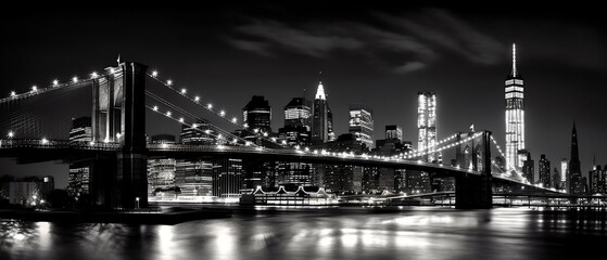 Obraz na płótnie Canvas Black and White Photo of New York City at Night Panorama Generative AI