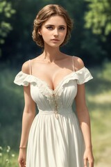 Fototapeta na wymiar A woman in a white dress stands in a forest.