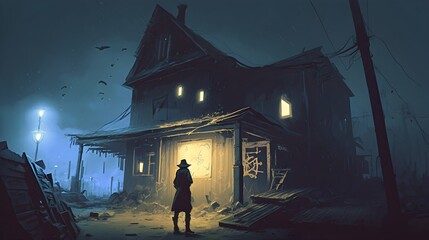 night scene of a man looking at the old house with junk all around, digital art style, illustration painting, Generative AI