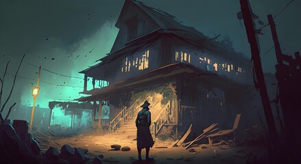 night scene of a man looking at the old house with junk all around, digital art style, illustration painting, Generative AI