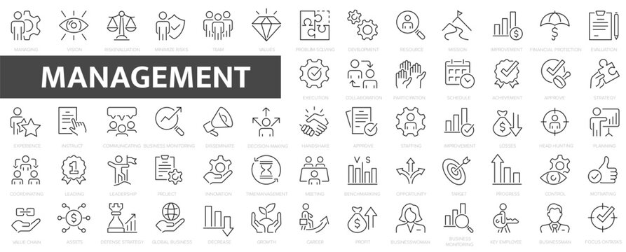 Management line icon set. Business and management collection. Manager, teamwork, strategy, marketing, business, planning.