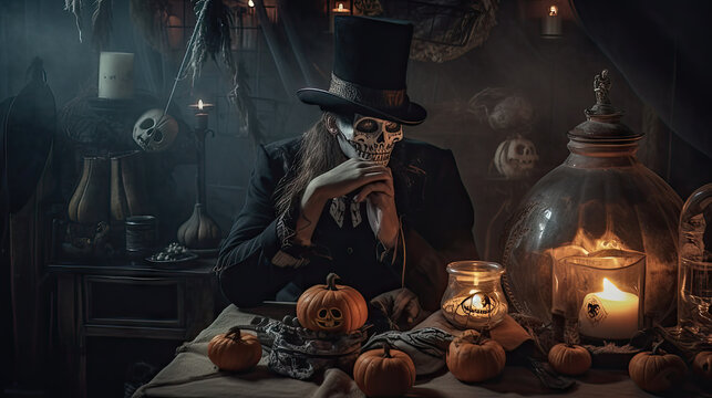 AI generated Halloween. A man in a hat and a cloak sits at the table with pumpkins and candles