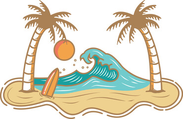 Fototapeta na wymiar Vector icon of sunset beach and blue sea