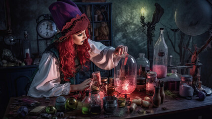 AI generated Portrait of a beautiful witch making magic potion in her laboratory.
