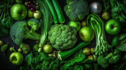 Green fruits and vegetables background. Generative Ai