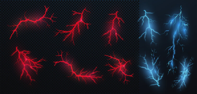 Isolated realistic shiny lightning or electricity blast isolated on checkered transparent background. Lightning, electric thunderbolt strike, red, blue  crack, magical energy flash.Vector illustration