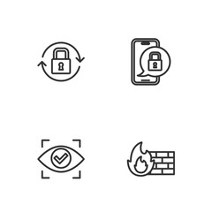 Set line Firewall, security wall, Eye scan, Lock and Mobile with closed padlock icon. Vector