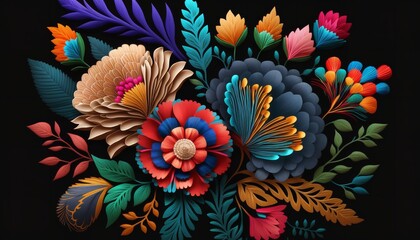 Fototapeta na wymiar Mexican floral design in bright colors on a dark backdrop. Generative Ai.