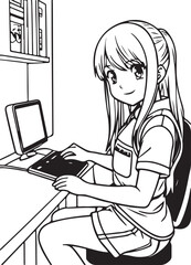 The girl is sitting at the computer. Anime coloring book for teenagers