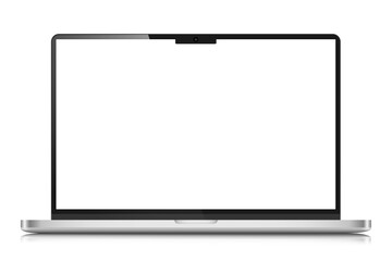 Realistic laptop layout with a white screen and a light silver case. A modern laptop with a blank screen. Vector illustration.