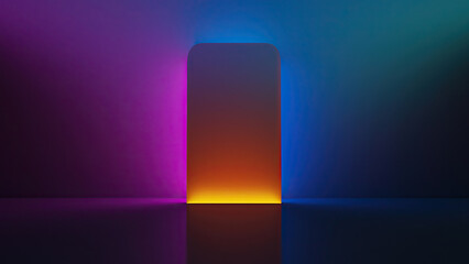 Night club interior neon lights. 3d render for laser show. Fluorescent vivid colors background. Neon room background. Light abstract futuristic design. Led lights backdrop.