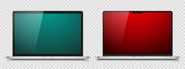 A set of laptop layouts in a metal case. Models of modern laptops with green and red screens on a transparent background. Vector illustration.