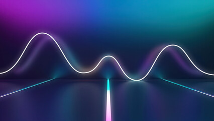 Night club interior neon lights. 3d render for laser show. Fluorescent vivid colors background. Neon corridor background. Light abstract futuristic design. Led lights backdrop.