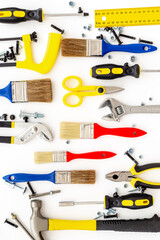 Set collection of DIY hand tools isolated on white background. Constuction pattern
