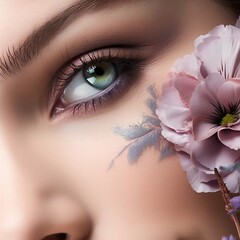 Fototapeta premium Beautiful female eye with a flower. Generative AI