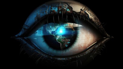 Naklejka premium World reflected on AI robotic eye. Generative AI