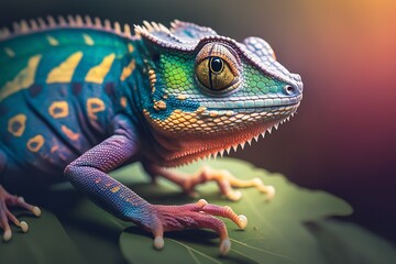 A vibrant chameleon reptile is shown up close. Generative Ai.