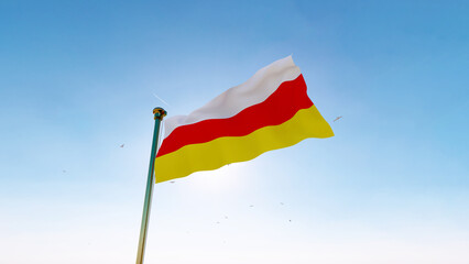 South Ossetia flag. 3D realistic waving flag background. Flag of South Ossetia flag waving in the wind, sky and sun background. 3d rendering.