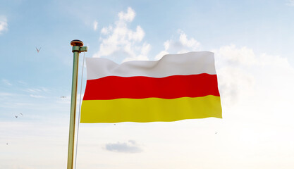 South Ossetia flag. 3D realistic waving flag background. Flag of South Ossetia flag waving in the wind, sky and sun background. 