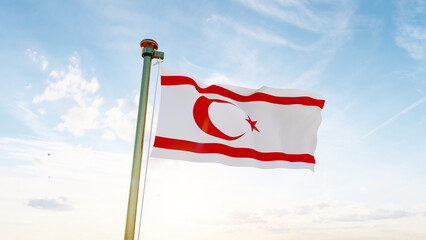 Flag of Northern Cyprus national flag waving in the wind, sky and sun background. Turkish Republic of Northern Cyprus Flag.