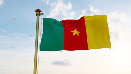 Cameroon flag. 3D realistic waving flag background. Flag of cameroon flag waving in the wind, sky and sun background. 3d rendering.