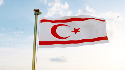 Flag of Northern Cyprus national flag waving in the wind, sky and sun background. Turkish Republic of Northern Cyprus Flag 3d rendering.