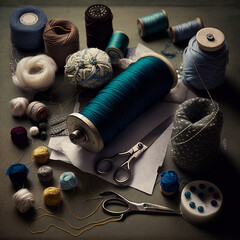 Studio closeup with various sewing items on a table. Created with Generative AI.