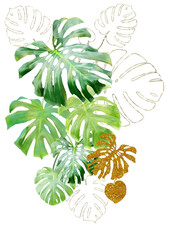 Tropical watercolor monstera leaves. Summer print ideas. Summer card