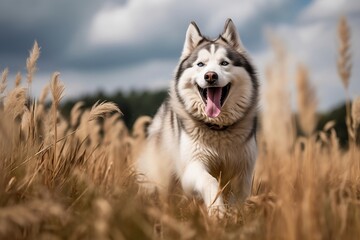 Siberian Husky jumping in joy runing to the camera