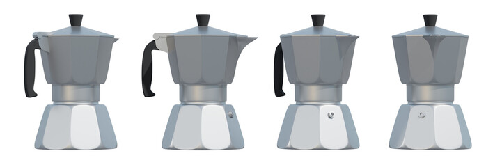 Italian coffee maker in isolated background, 3d rendering. Moka coffee brewer from various angles