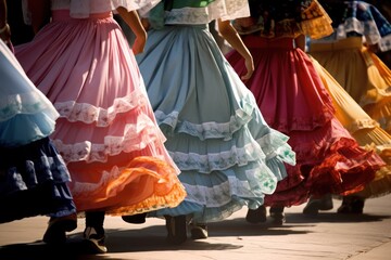 Naklejka premium Cinco de mayo fiesta traditional colorful swirling skirts, generative ai