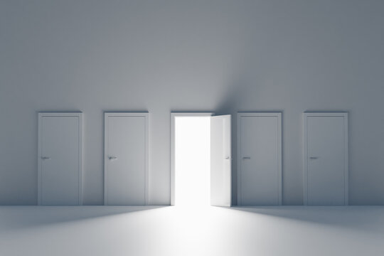 Open door next to closed doors in dark background, 3d rendering. Concept of opportunity, job offering, corporate growth or seeking the right choice