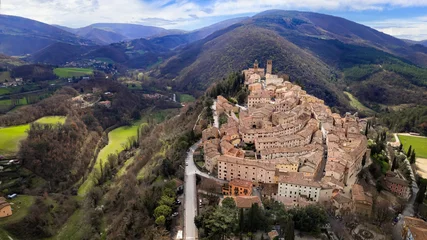 Foto op Plexiglas Italy, Umbria most scenic places. beautifull Medieval village Nocera Umbra, Perugia region. Aerial drone panoramic view © Freesurf