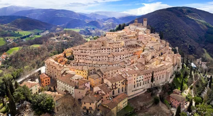 Poster Italy, Umbria region most scenic places. beautifull Medieval village Nocera Umbra, Perugia region. Aerial drone panoramic view © Freesurf