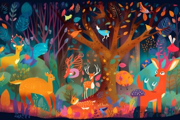 Whimsical illustration of a magical forest, filled with vibrant colors and fantastical creatures. Generative AI