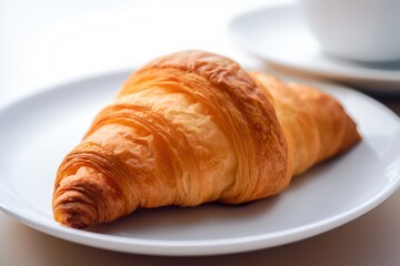 One hot homemade croissant on a white saucer.