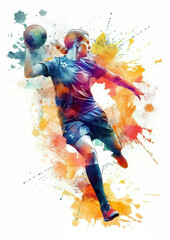 Watercolor abstract illustration of handball. Handball in action with colorful paint splash, isolated on white background. AI generated illustration.