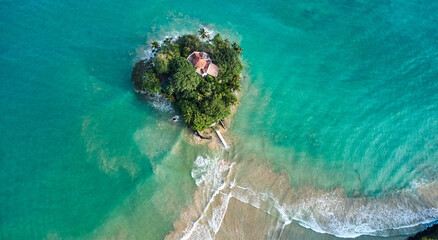 Aerial view of Taprobane island in Sri Lanka. Island in the Indian Ocean