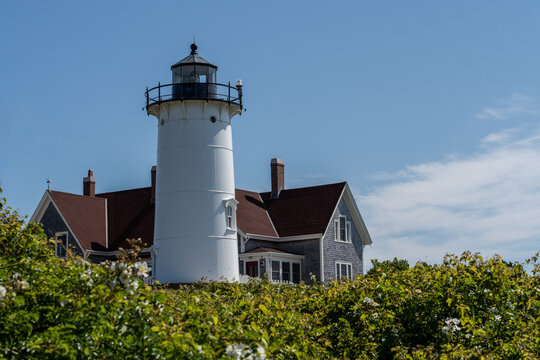 Falmouth, Massachusetts, Cape Cod, July 11 , 2022: Beautiful view of Nobska Lighthouse overlooking Buzzard Bay in Falmouth, Massachusetts is a Maritime Museum 