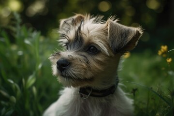 A puppy biwer terrier sits outside. Generative AI