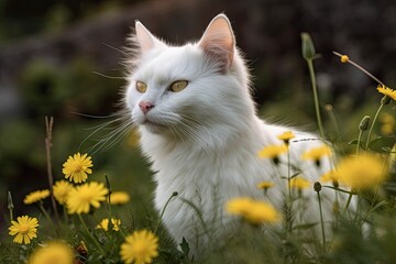 In the spring, a lovely white cat strolls among flowering dandelions. Generative AI