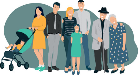illustration vectorielle représentant un groupe de personnages, une famille composée de plusieurs générations, grands parents, enfants et petits enfants	 - obrazy, fototapety, plakaty